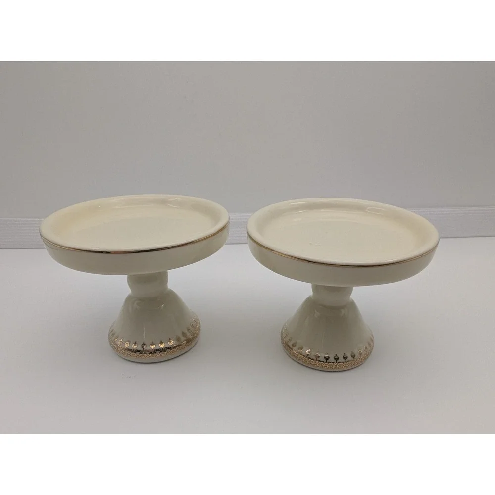 Victorian Trading Co Ceramic Mini Cupcake Stands Candle Holders VTC Pair Gold